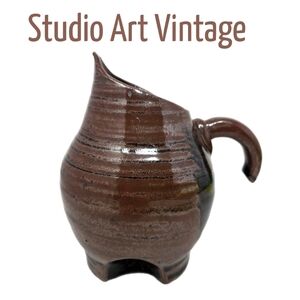 Studio Pottery Art Flower Vase With Handle Heavy Painted Black & Brown Glazed
